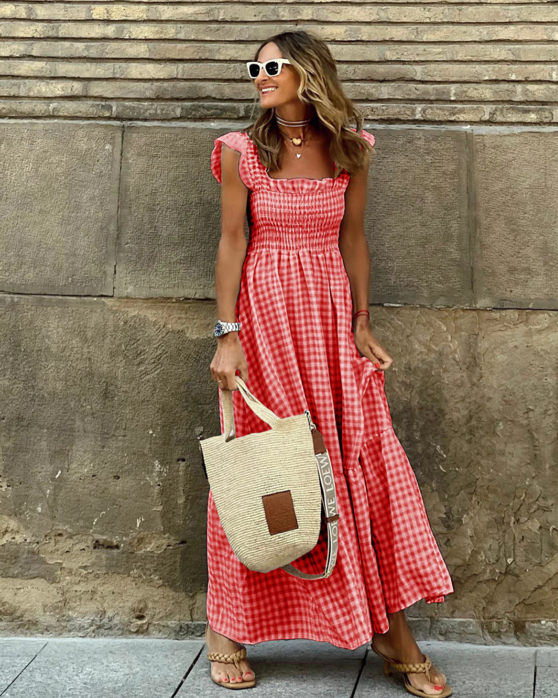 Robe longue femme smockée à carreaux manches courtes col carré coupe évasée