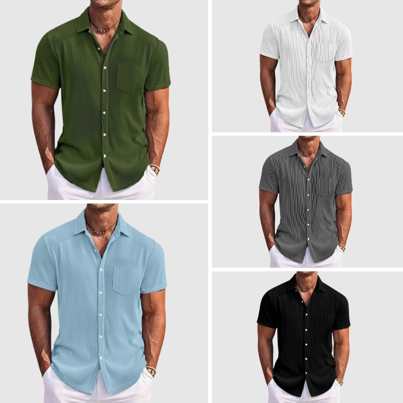 Chemise homme manches courtes texturée boutonnée col italien coupe ajustée
