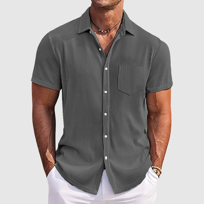 Chemise homme manches courtes texturée boutonnée col italien coupe ajustée