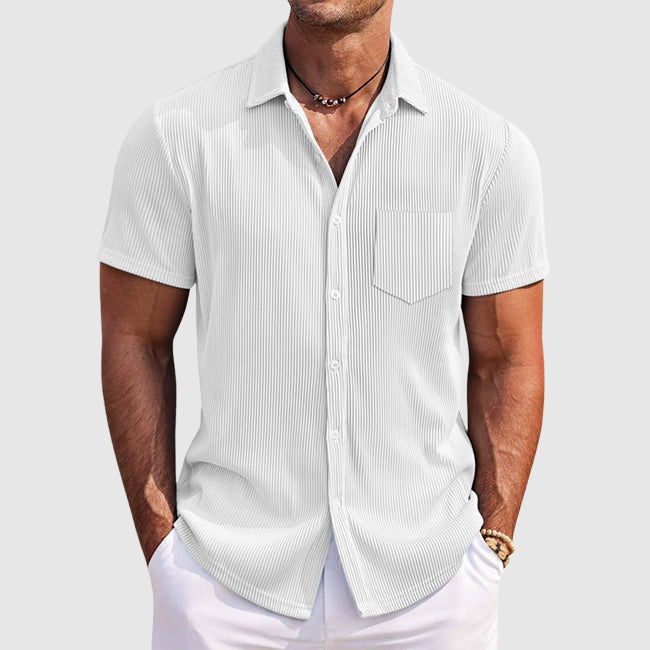 Chemise homme manches courtes texturée boutonnée col italien coupe ajustée