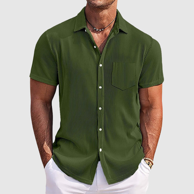 Chemise homme manches courtes texturée boutonnée col italien coupe ajustée