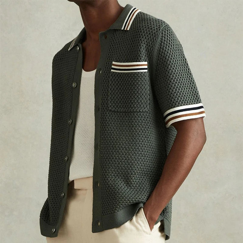 Chemise homme maille ajourée manches courtes col boutonné coupe droite