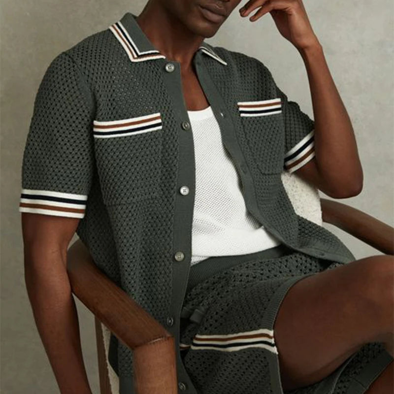 Chemise homme maille ajourée manches courtes col boutonné coupe droite