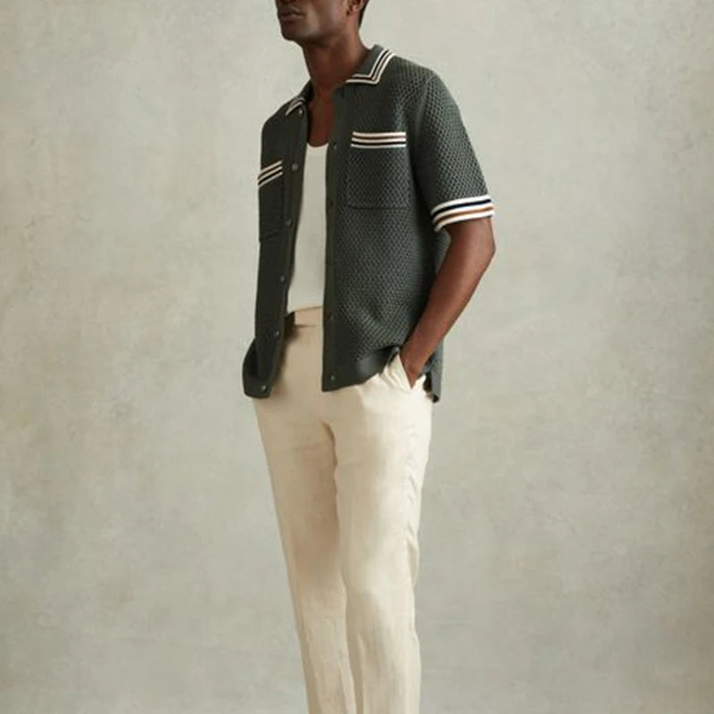 Chemise homme maille ajourée manches courtes col boutonné coupe droite