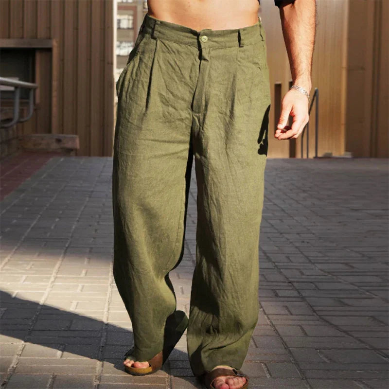 Pantalon homme en lin coupe ample taille haute jambes larges fluide