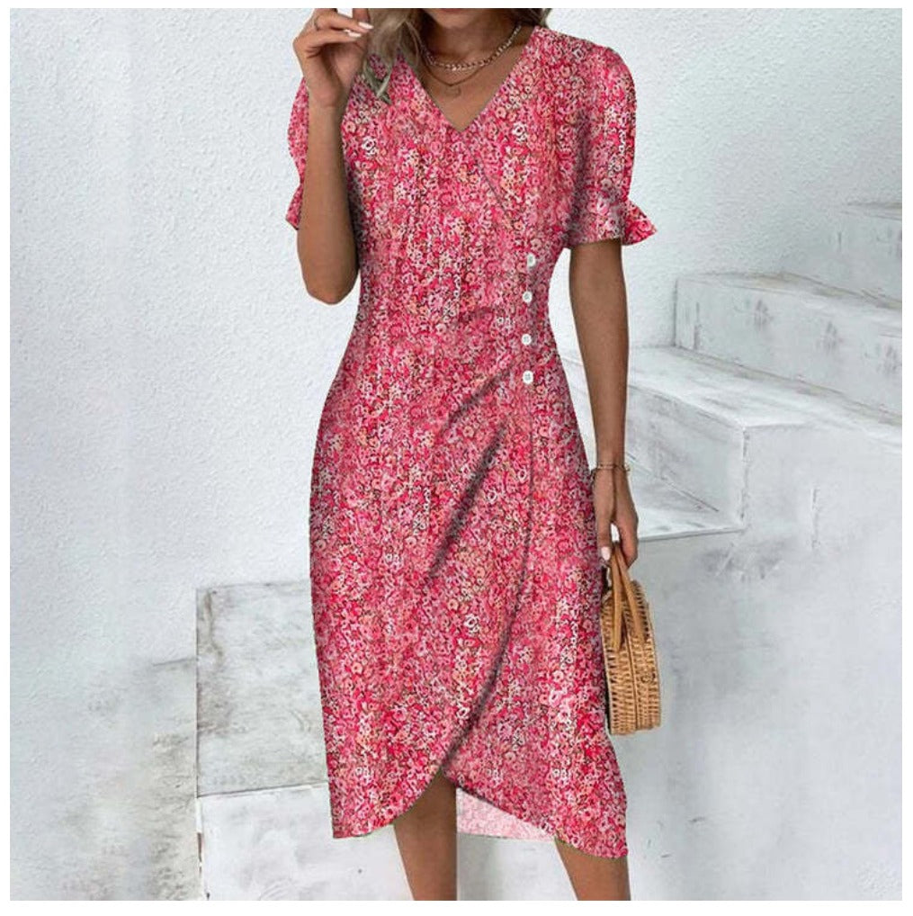 Robe portefeuille midi femme imprimé fleuri manches courtes col V