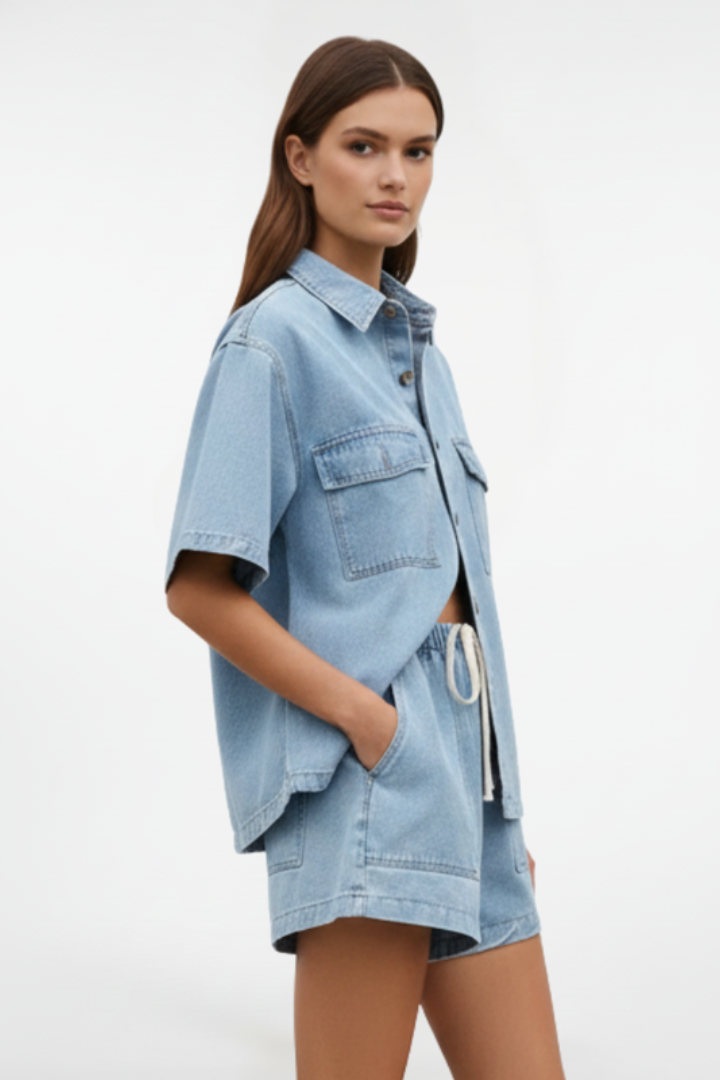 Ensemble femme jean chemise manches courtes short taille élastique casual