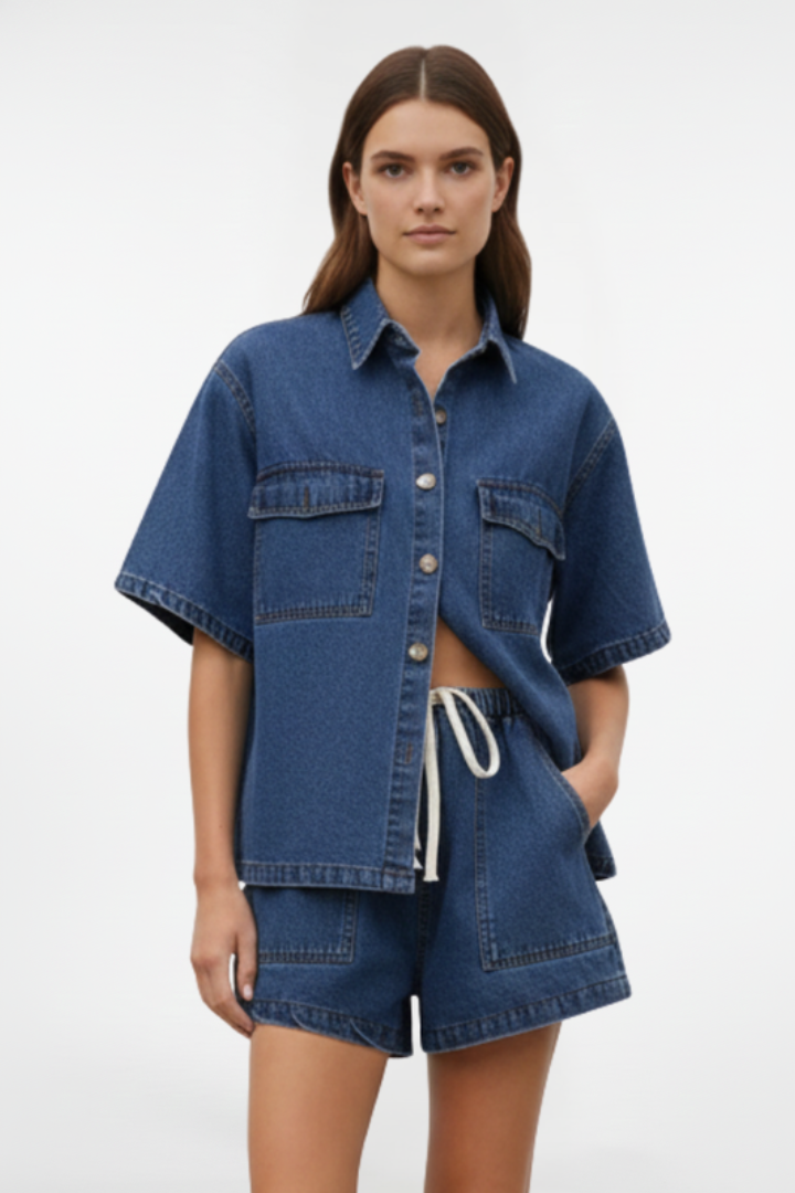 Ensemble femme jean chemise manches courtes short taille élastique casual