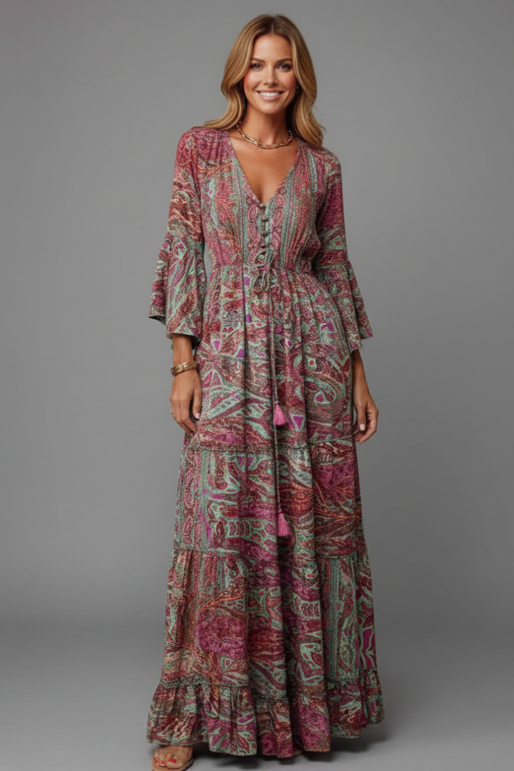 Robe longue bohème femme imprimée col V manches évasées fluide maxi