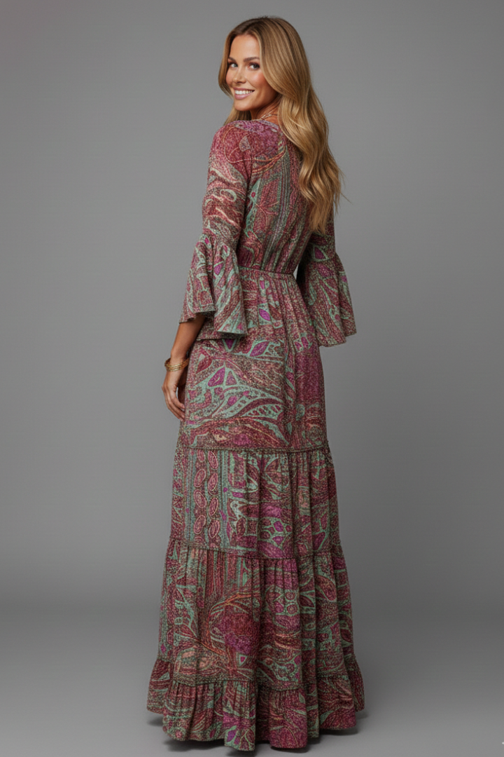 Robe longue bohème femme imprimée col V manches évasées fluide maxi
