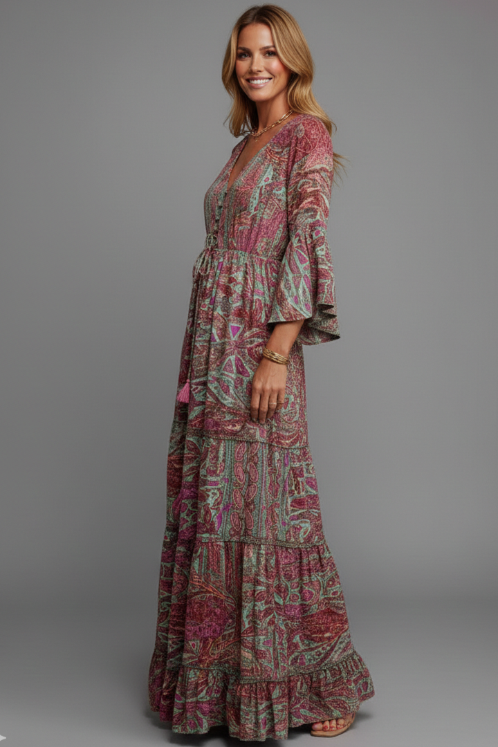 Robe longue bohème femme imprimée col V manches évasées fluide maxi
