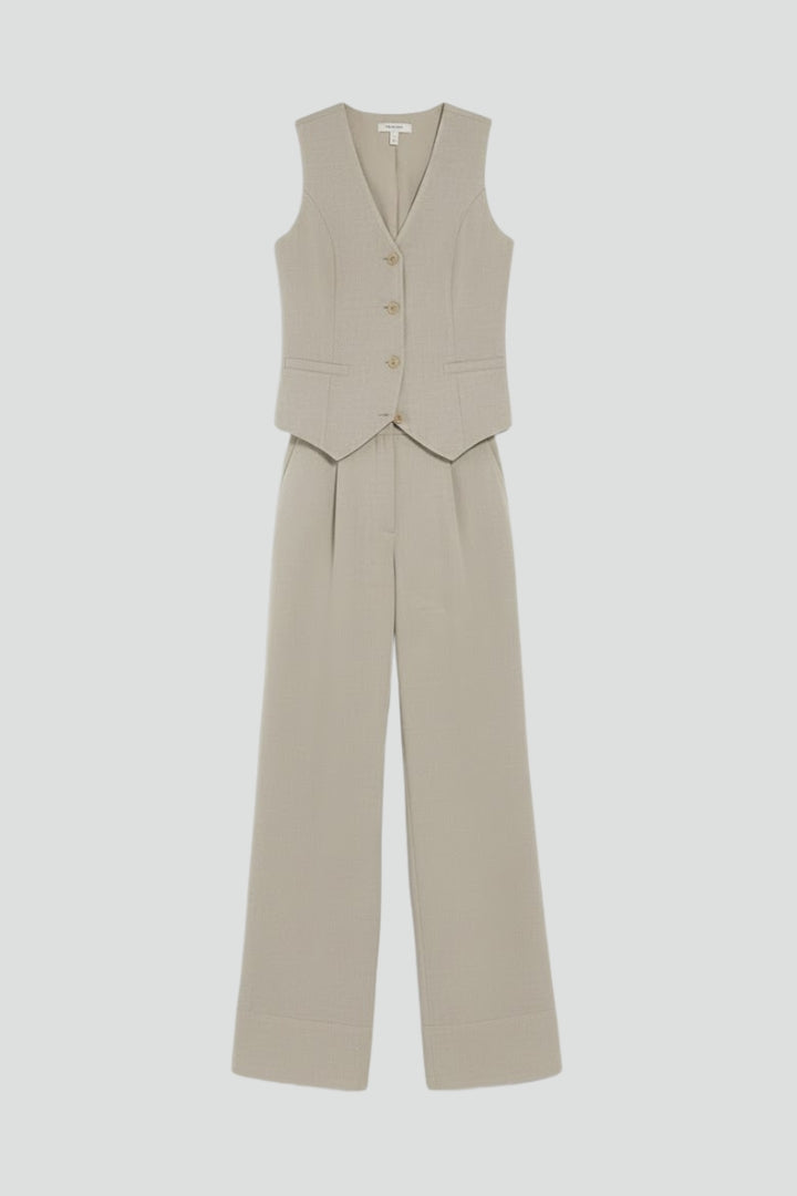 Ensemble femme gilet col V sans manches pantalon large taille haute élégant