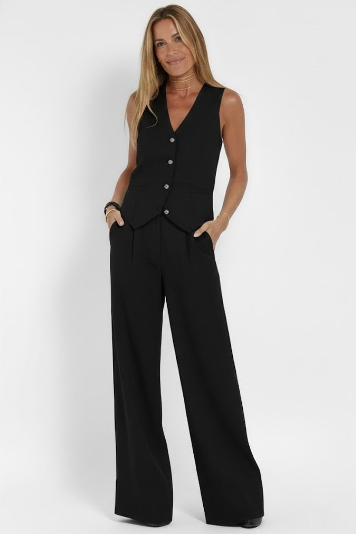 Ensemble femme gilet col V sans manches pantalon large taille haute élégant