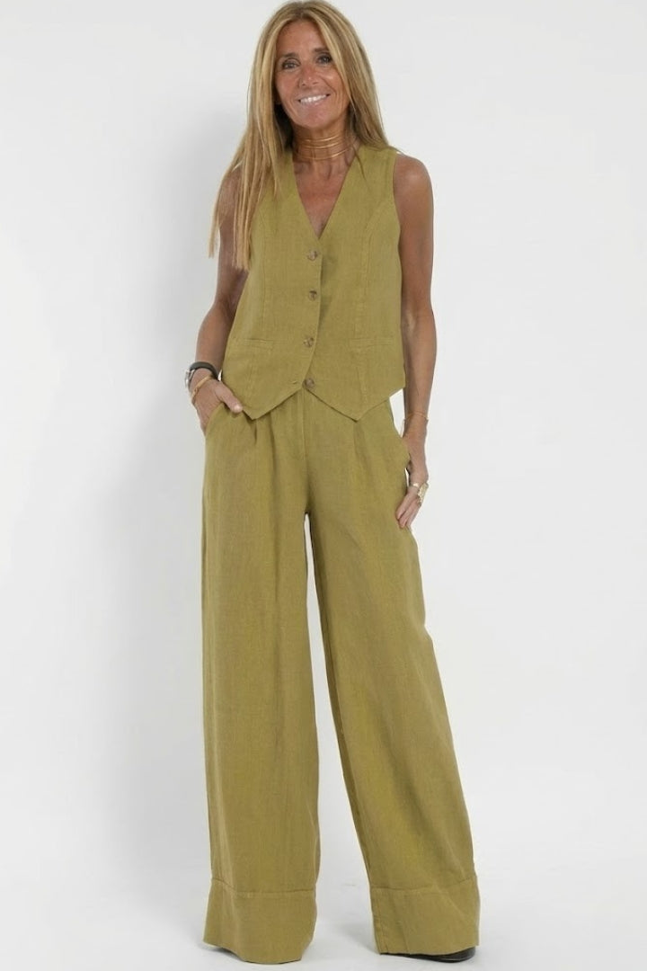 Ensemble femme gilet col V sans manches pantalon large taille haute élégant
