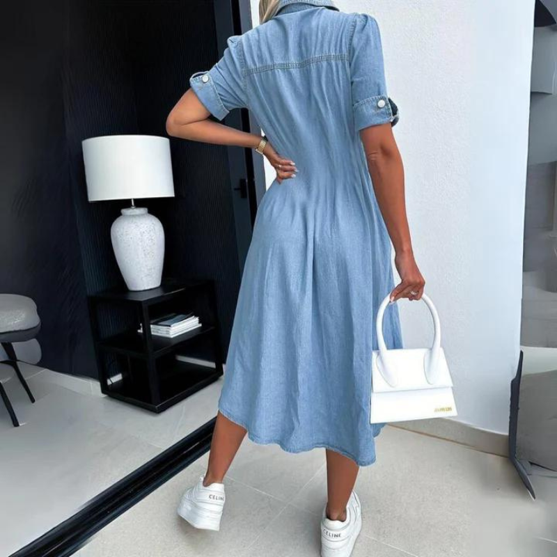 Robe midi en jean femme à boutons pression et manches courtes retroussées