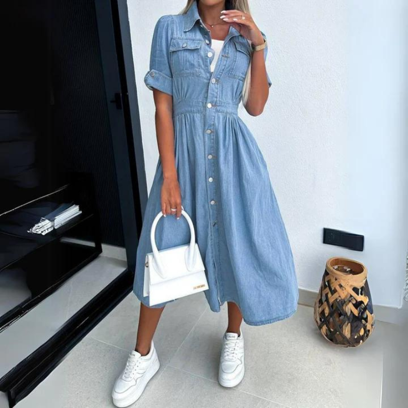 Robe midi en jean femme à boutons pression et manches courtes retroussées
