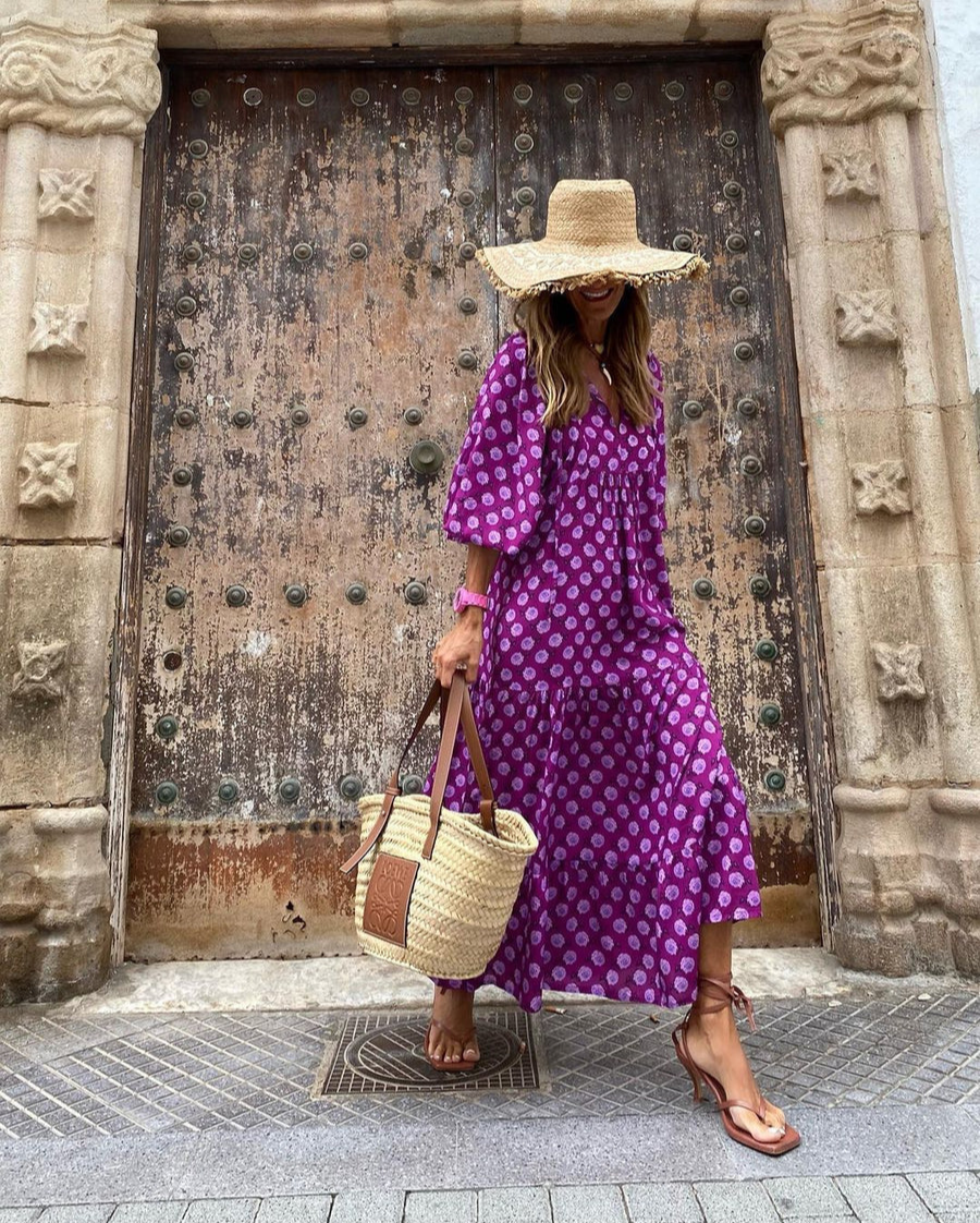 Robe longue imprimée femme col V manches 3/4 ample fluide bohème été
