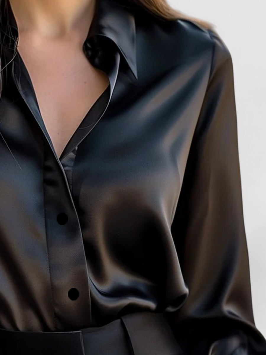Blouse femme satin manches longues col chemise coupe fluide élégante