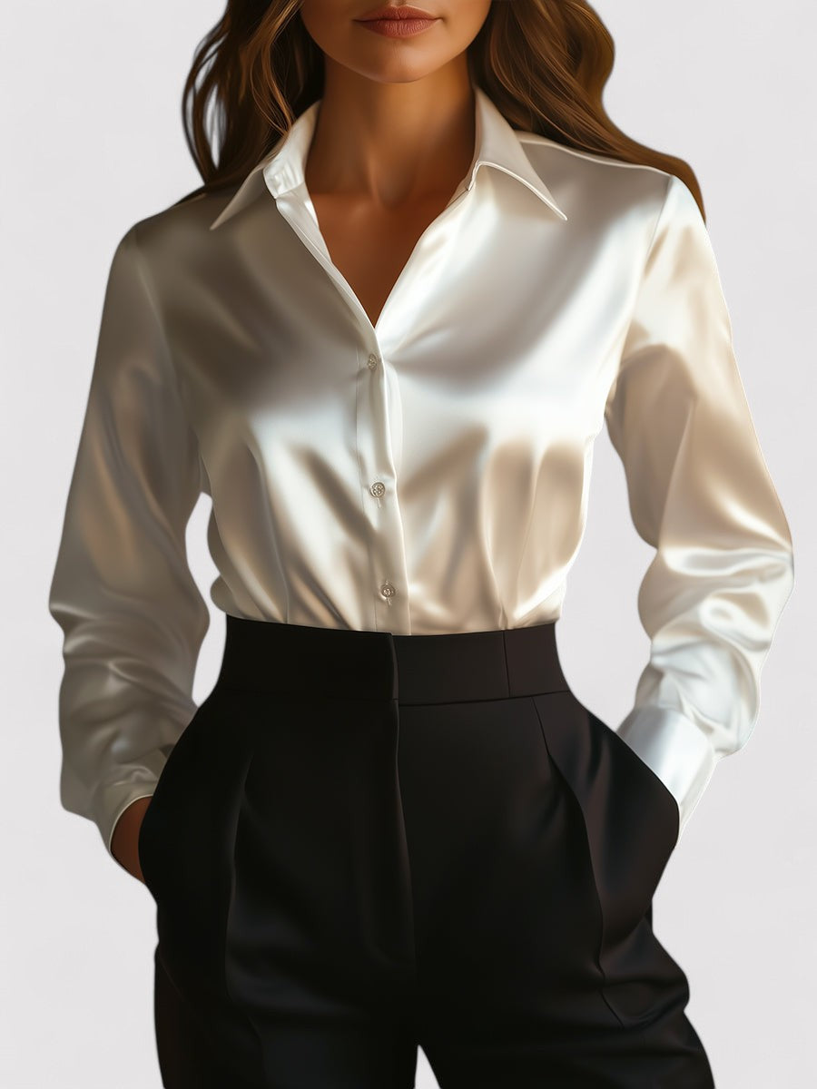 Blouse femme satin manches longues col chemise coupe fluide élégante
