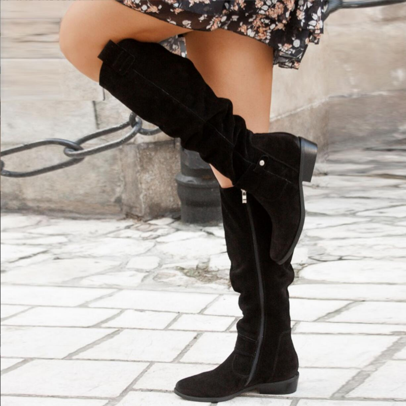 Bottes hautes femme genou style slouch fermeture zippée talon bas
