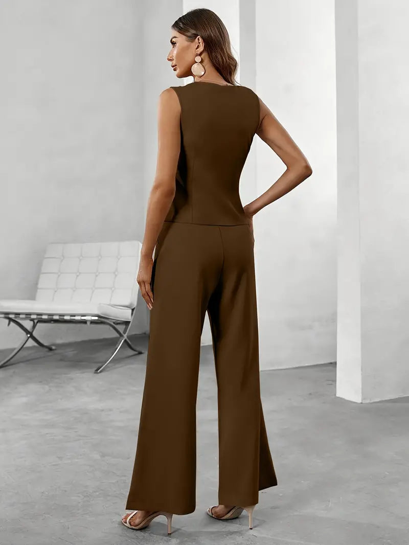 Ensemble femme gilet sans manches pantalon large taille haute élégant bureau