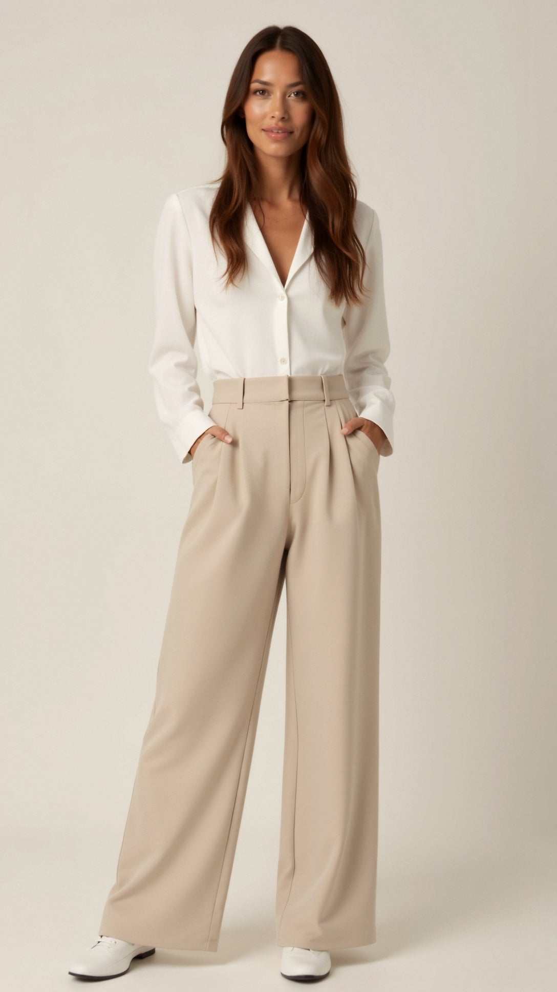 Pantalon femme taille haute large plissé coupe large élégant