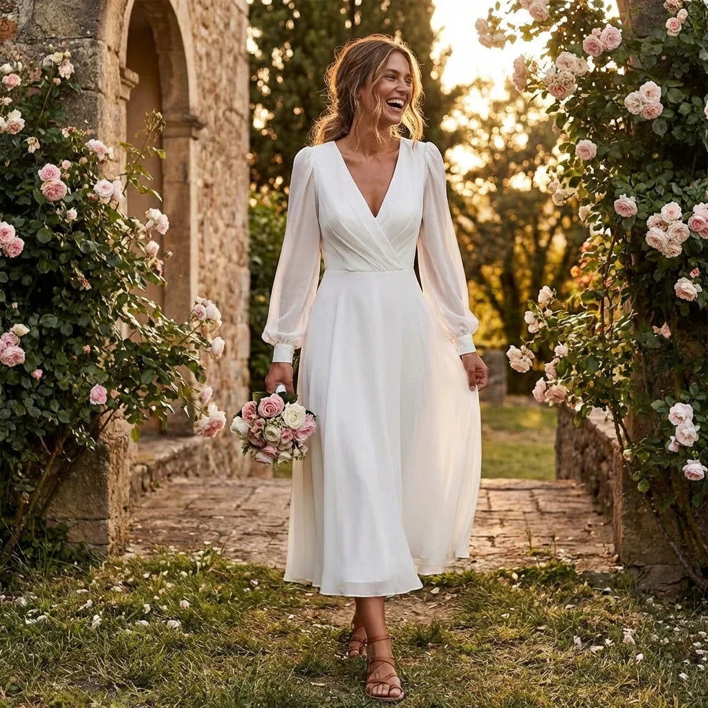 Robe de mariée midi col V manches longues évasée