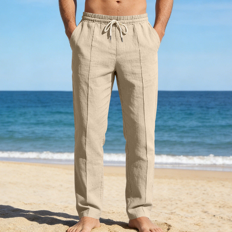 Pantalon homme lin taille élastique cordon de serrage coupe droite