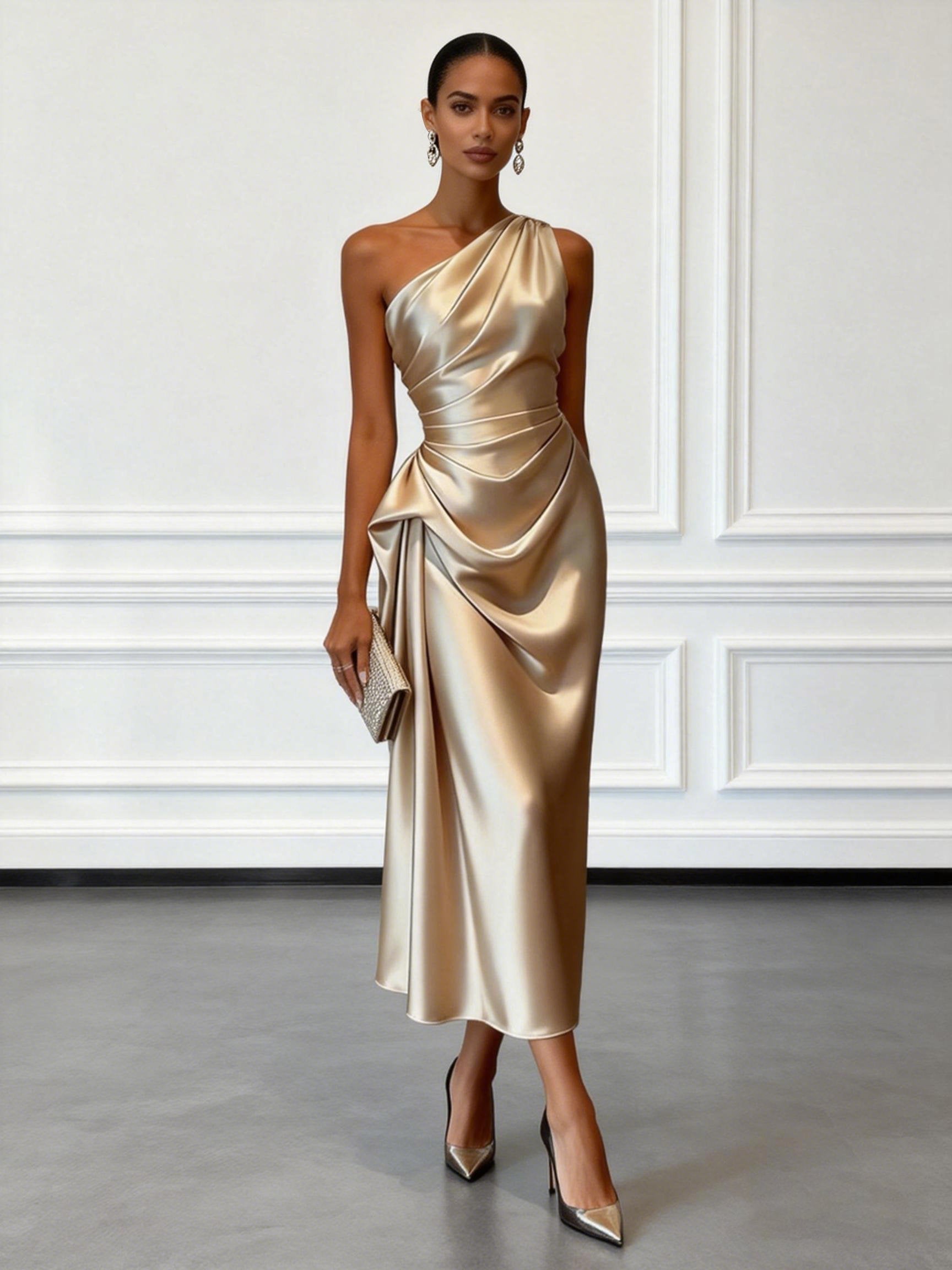 Robe satin midi une épaule drapée soirée