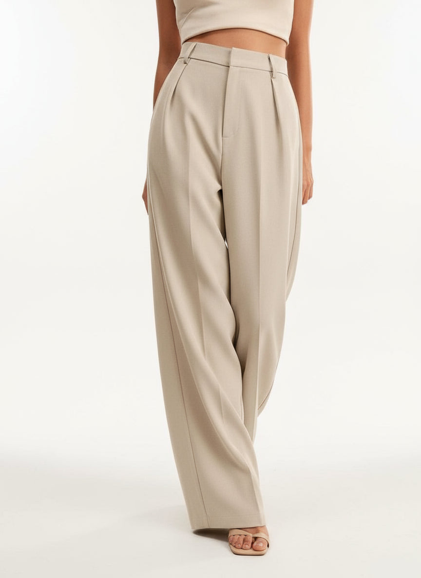 Pantalon large femme taille haute plis avant coupe fluide palazzo