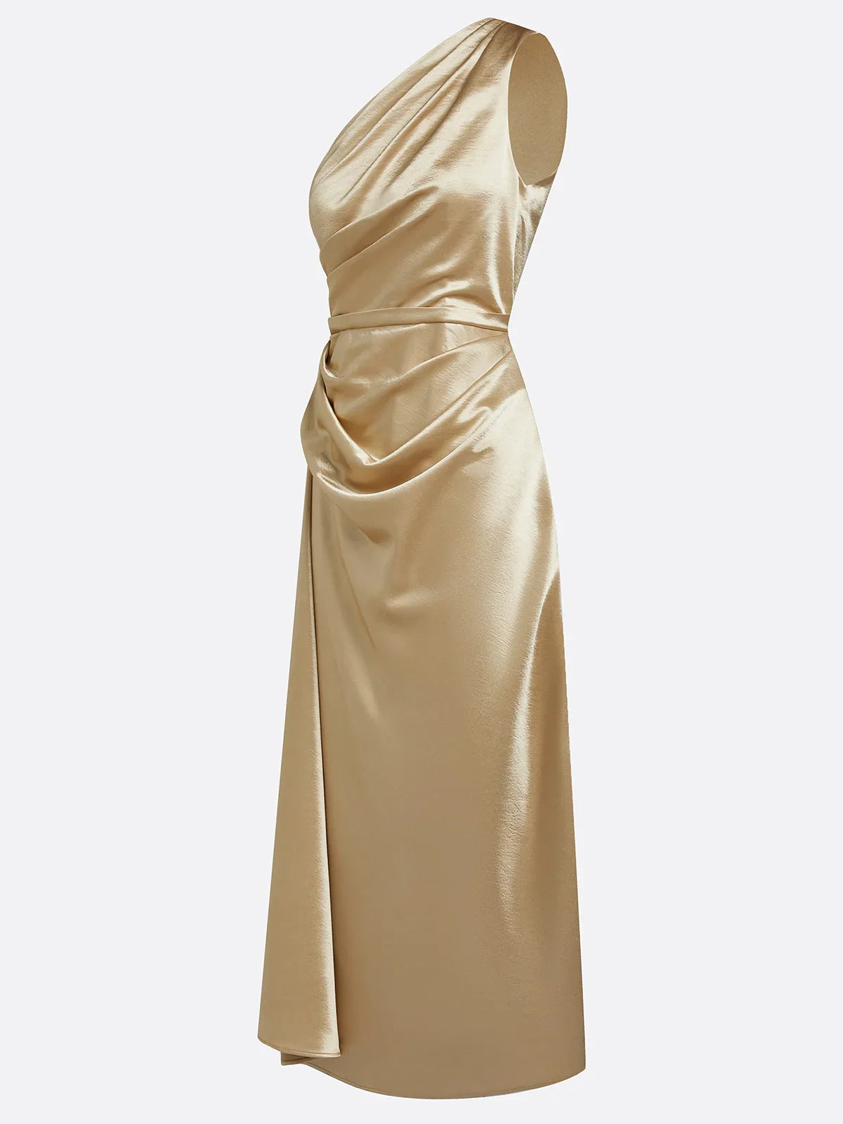Robe satin midi une épaule drapée soirée