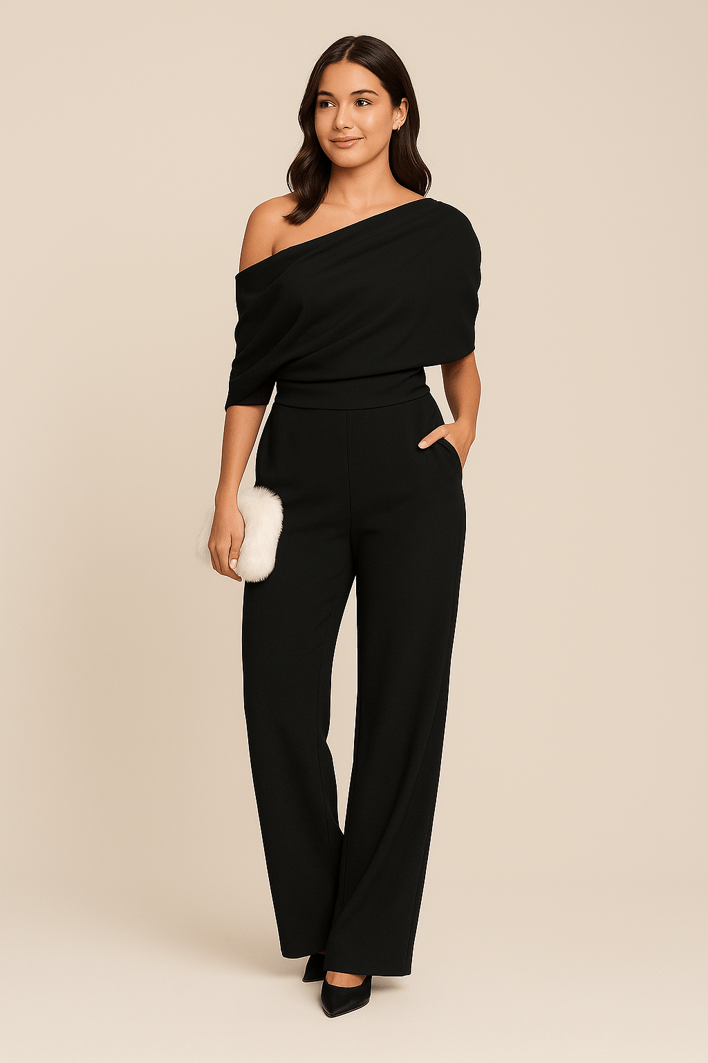 Combinaison femme une épaule pantalon fluide taille haute élégante