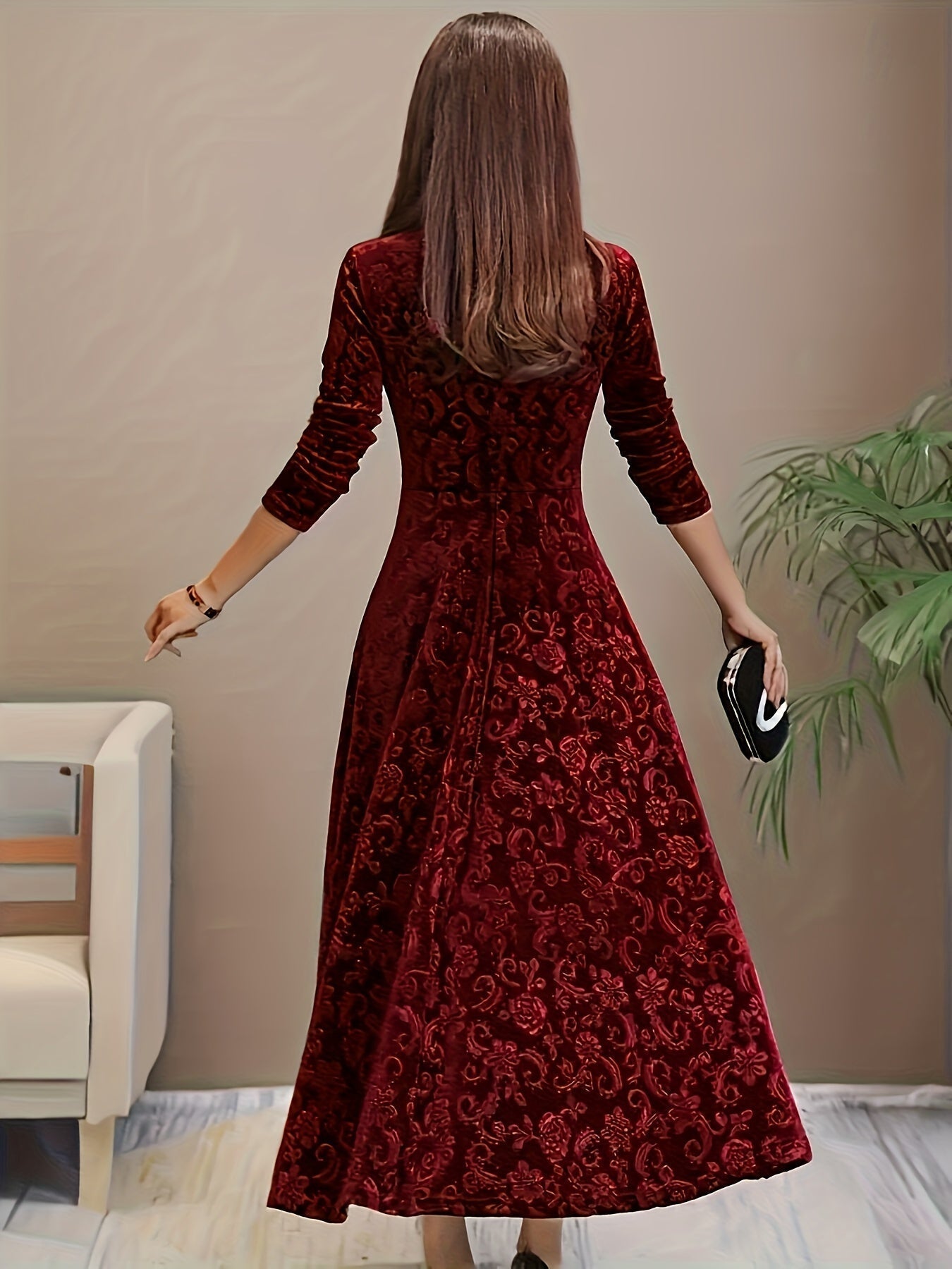 Robe midi femme col carré manches longues coupe évasée élégante