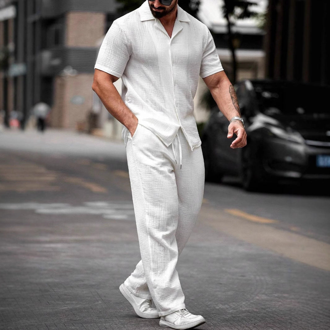 Ensemble homme chemise manches courtes et pantalon droit style été décontracté
