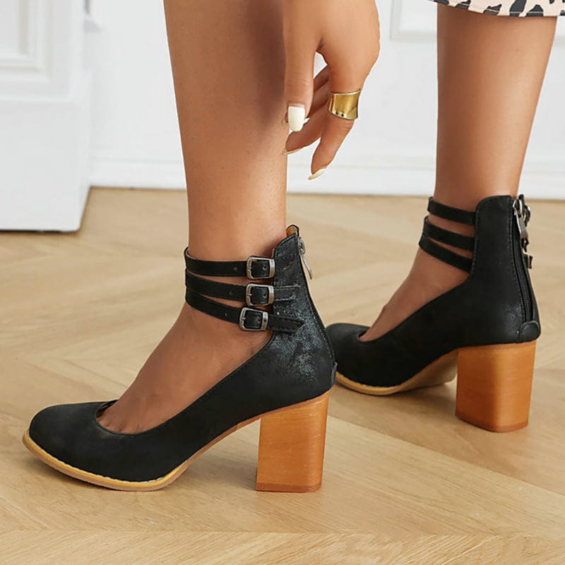 Escarpins femme bride cheville talon bloc bout rond chaussures à boucles élégantes