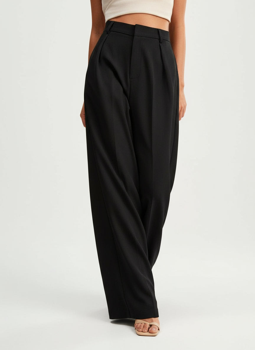 Pantalon large femme taille haute plis avant coupe fluide palazzo