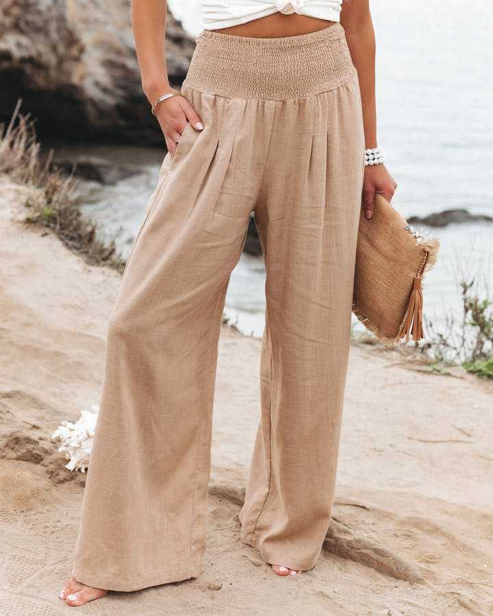 Pantalon large femme en lin taille smockée coupe palazzo fluide
