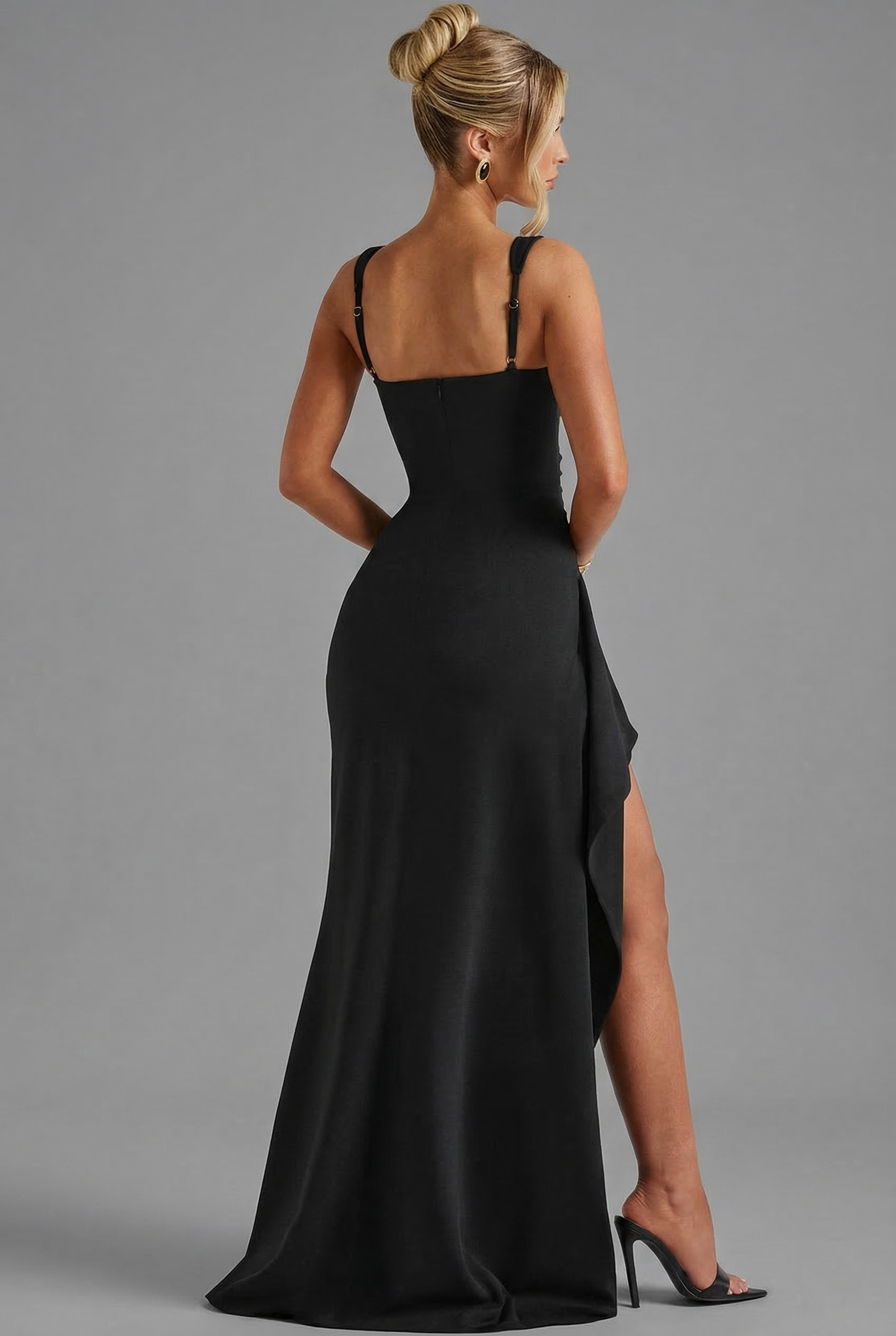 Robe longue femme moulante fente haute col carré sans manches soirée