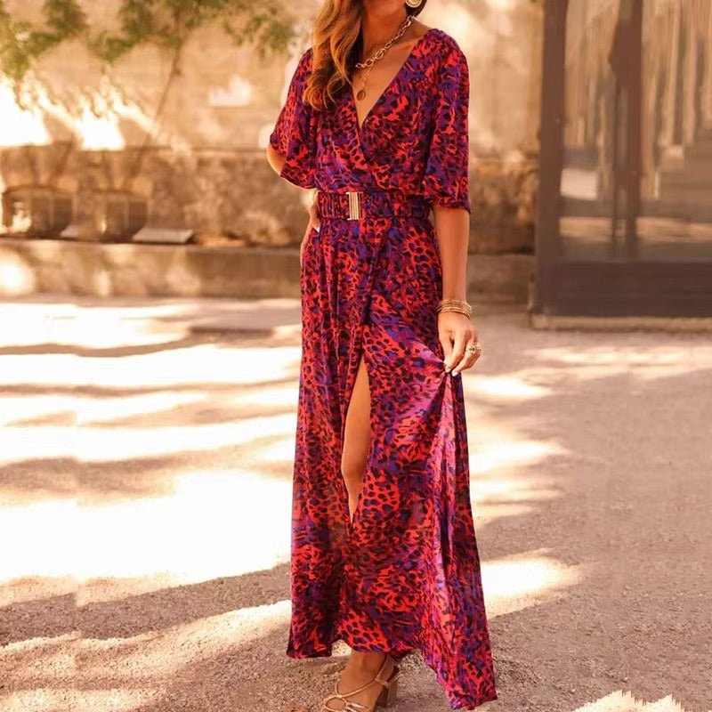 Robe longue portefeuille femme imprimé léopard avec décolleté cache-cœur fendu