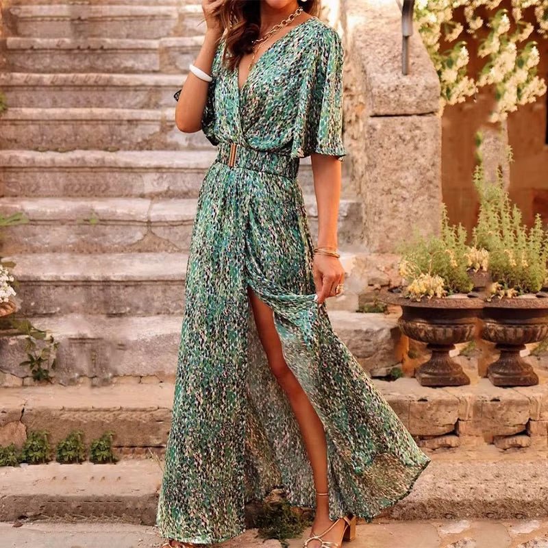 Robe longue portefeuille femme imprimé léopard avec décolleté cache-cœur fendu