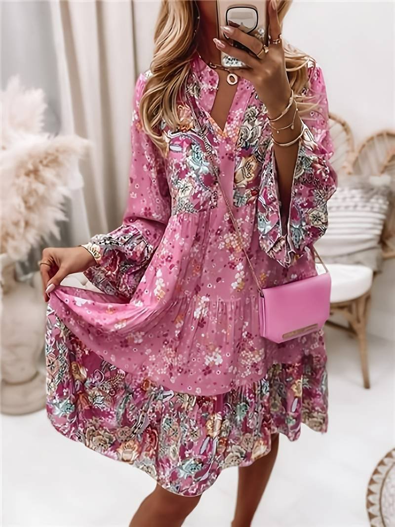 Robe bohème femme imprimé floral avec col V et manches longues volantées