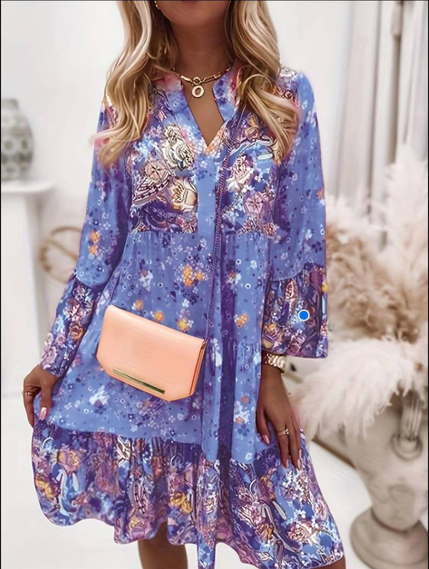 Robe bohème femme imprimé floral avec col V et manches longues volantées