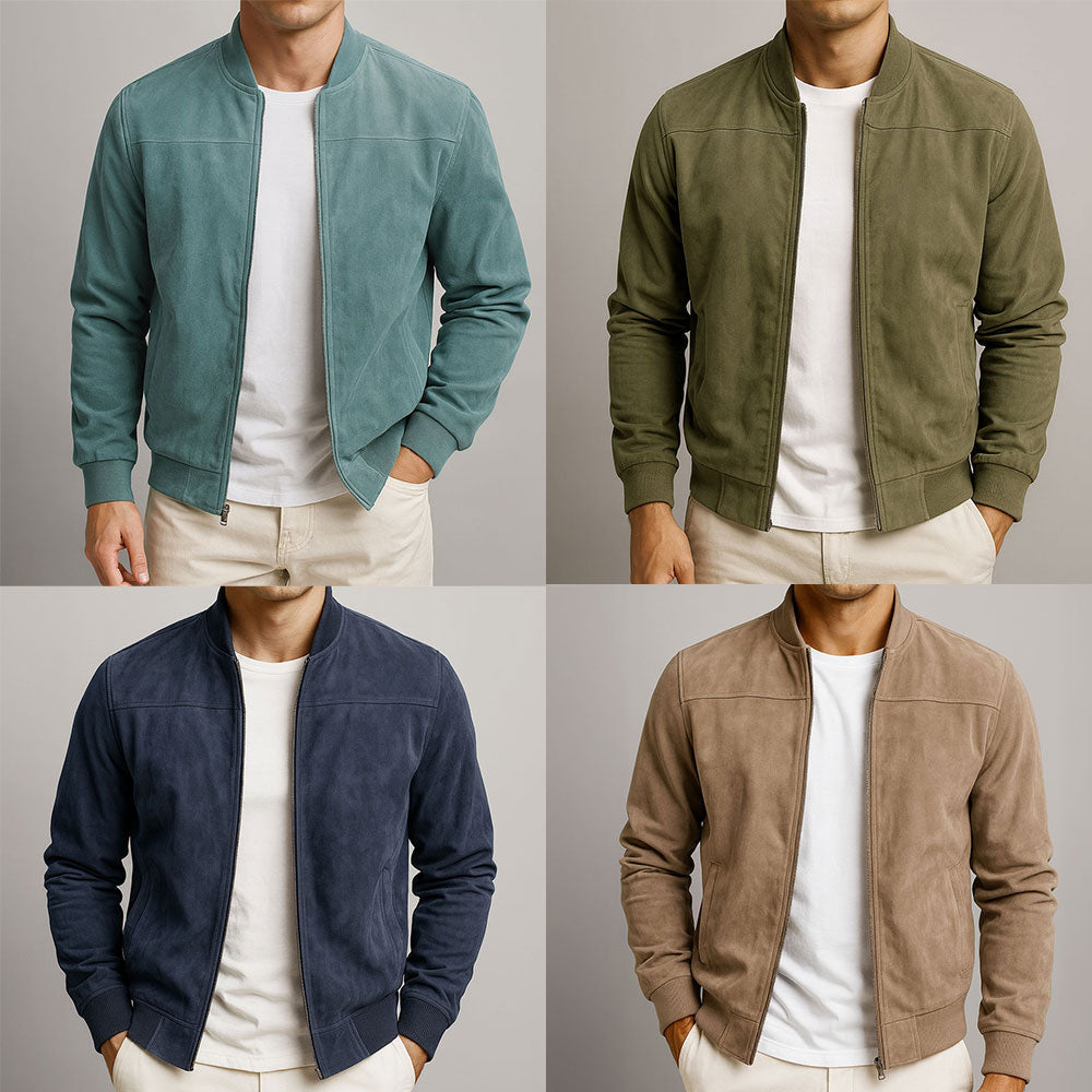 Blouson homme zippé suédine col montant manches longues veste casual mi-saison