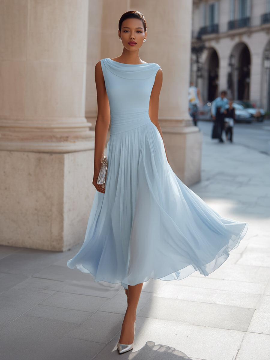 Robe midi col drapé plissée sans manches cérémonie