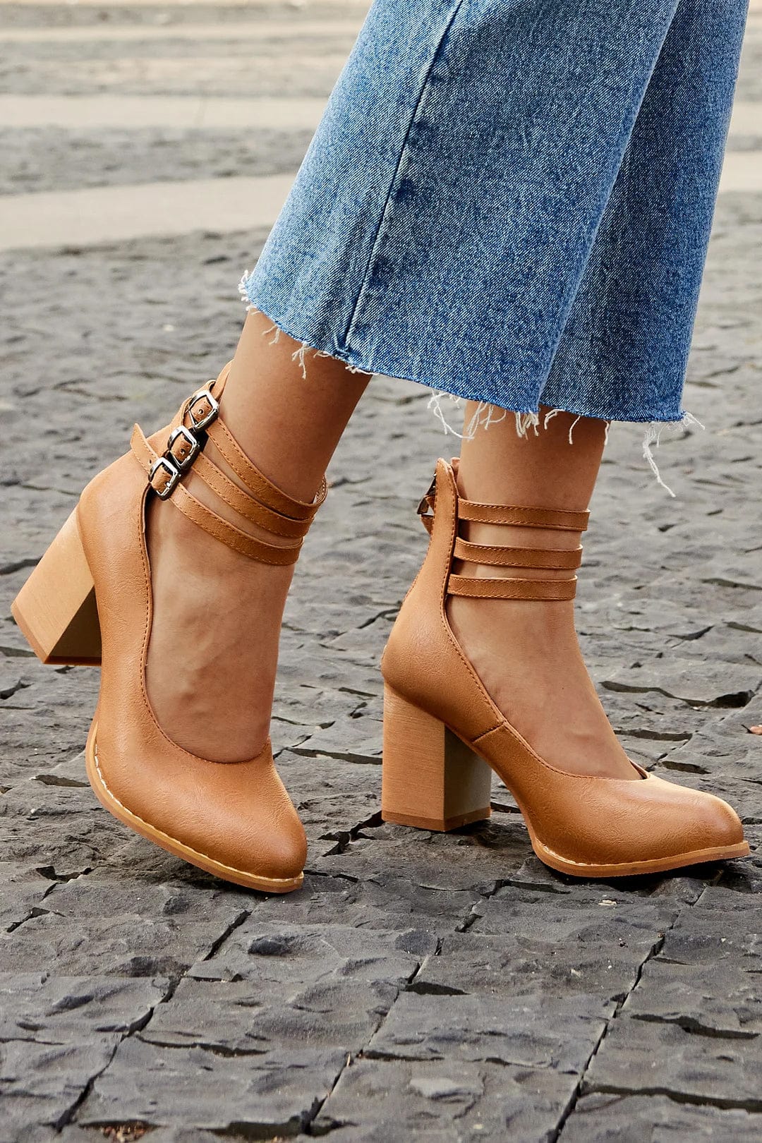 Escarpins femme bride cheville talon bloc bout rond chaussures à boucles élégantes