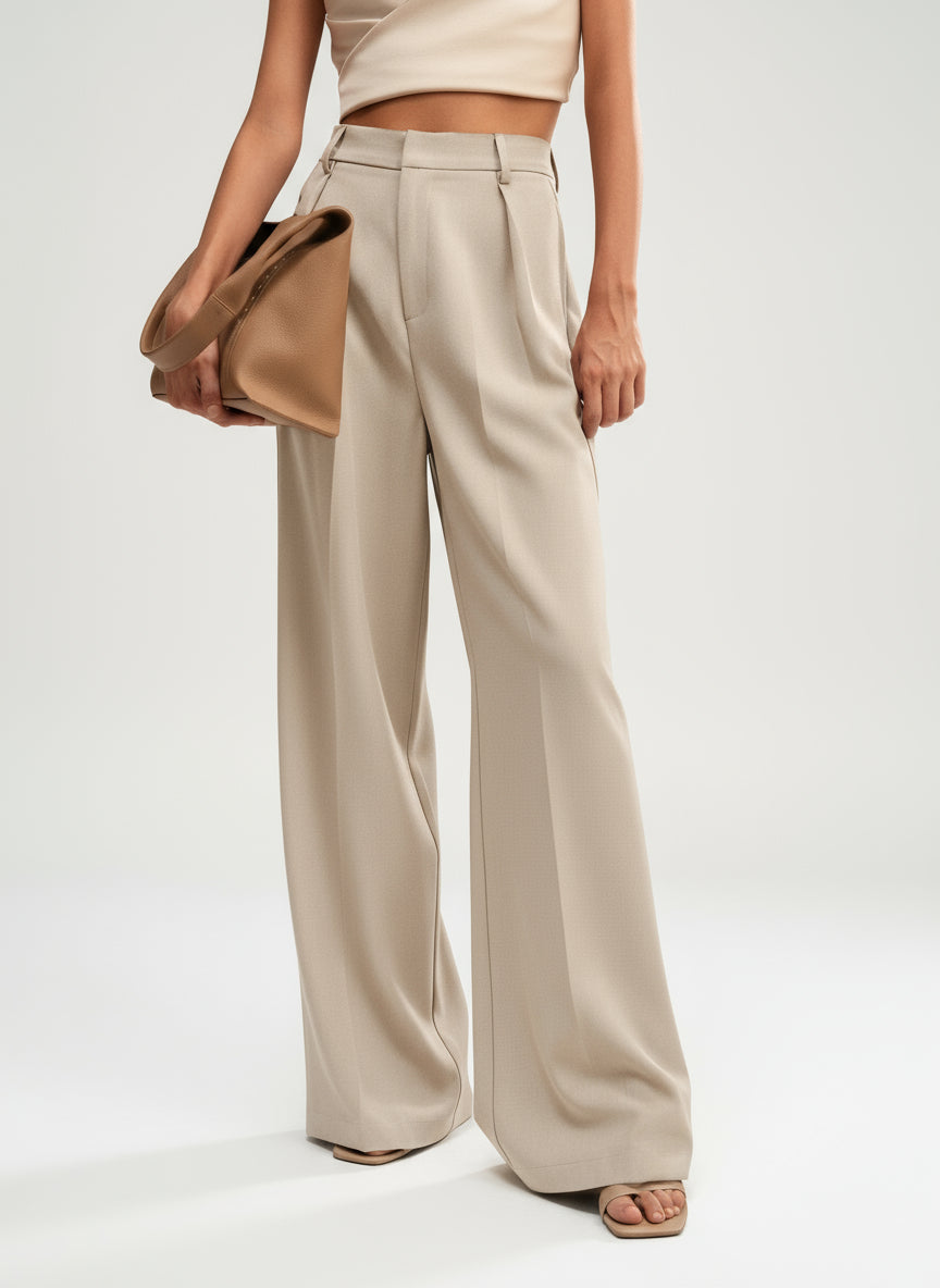 Pantalon large femme taille haute plis avant coupe fluide palazzo