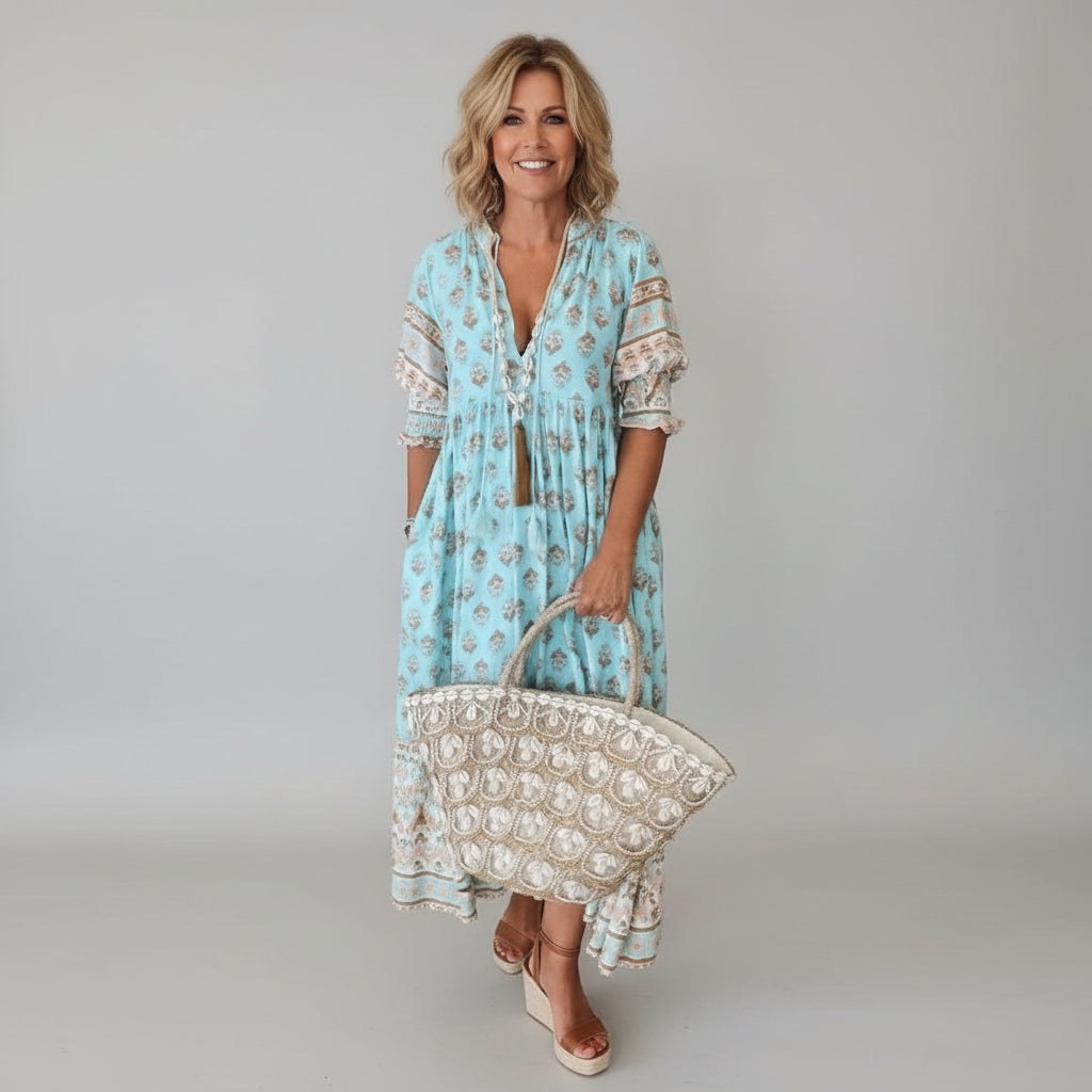 Robe bohème midi imprimée col V manches 3/4 été