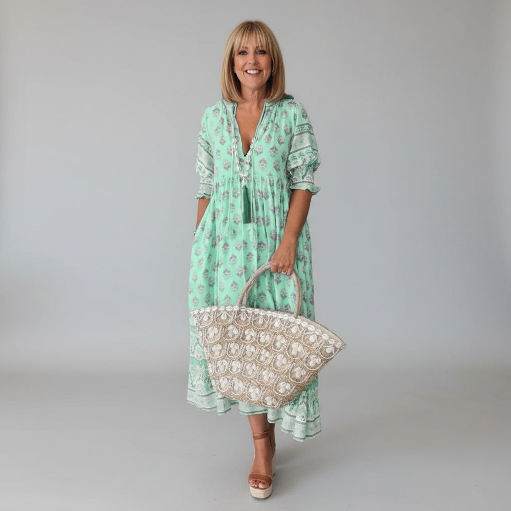 Robe bohème midi imprimée col V manches 3/4 été