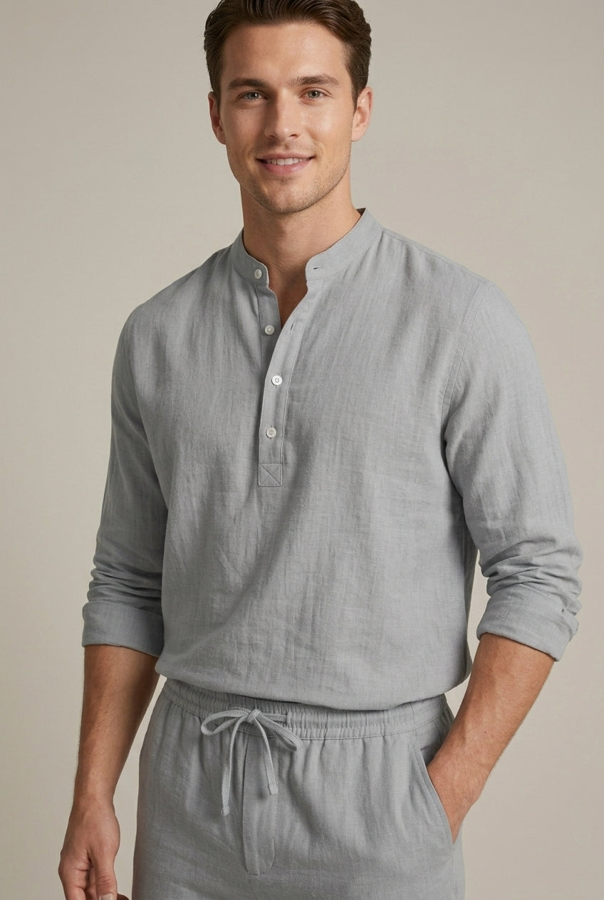 Ensemble lin homme 2 pièces col mao manches longues été