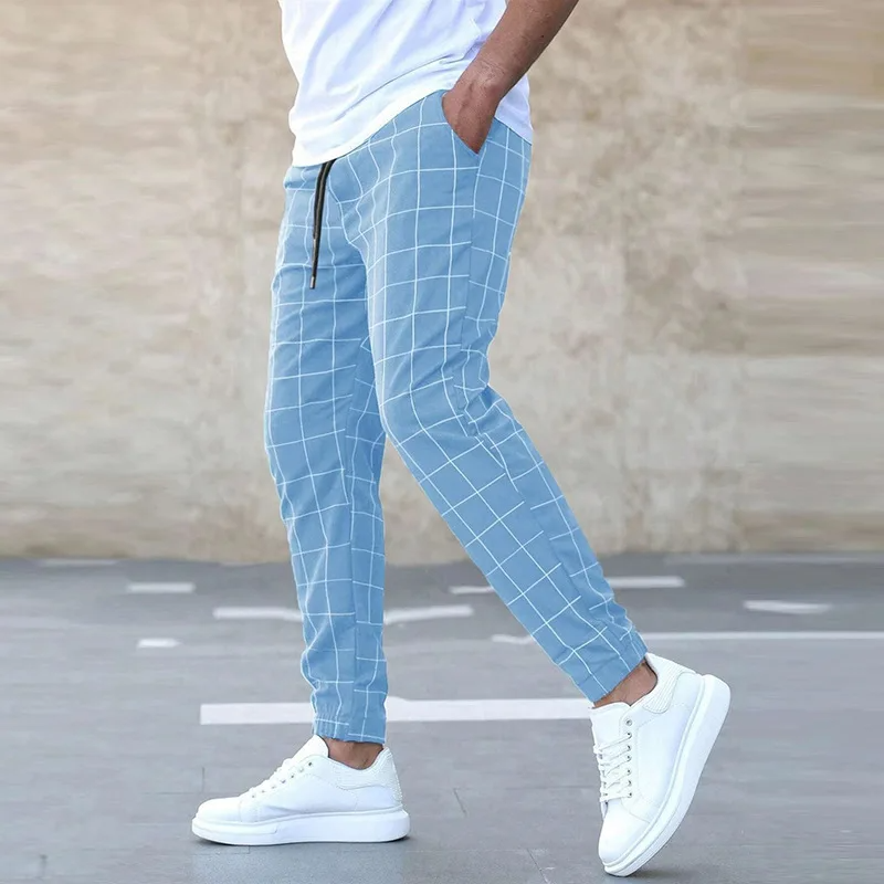 Pantalon homme carreaux taille élastique cordon de serrage coupe slim